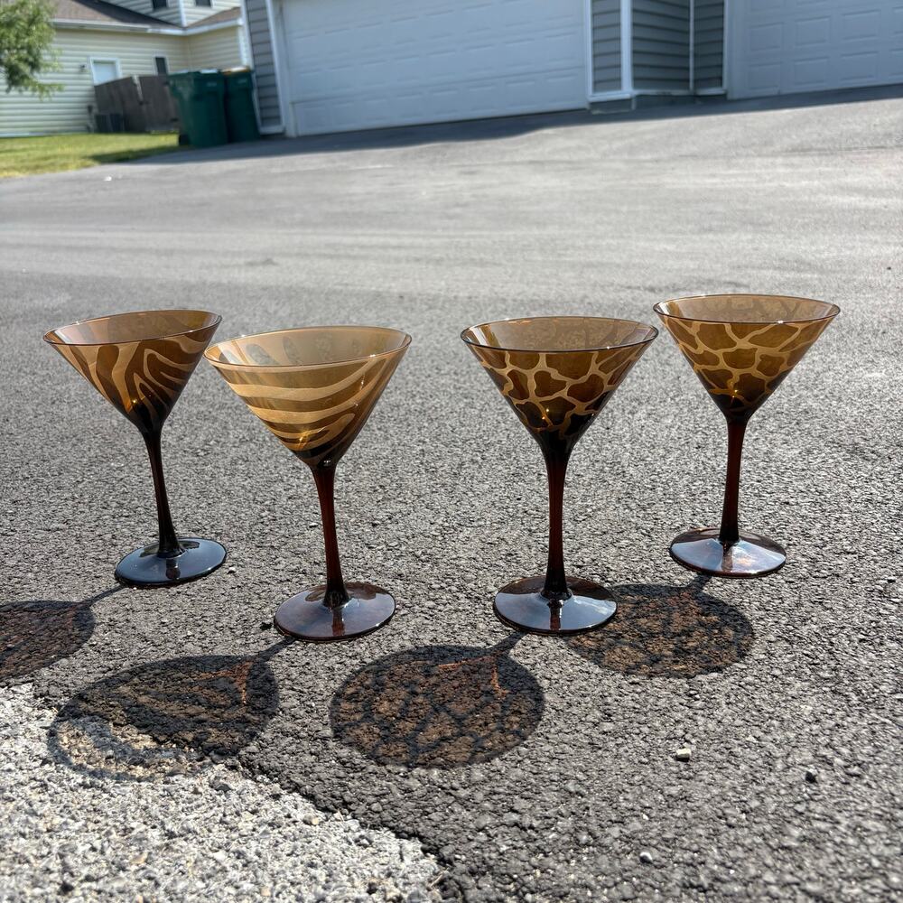 1990’s Blown Glass Brown Tortoise and Zebra Matte Vintage Martini Glasses